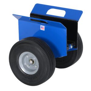 The Vestil Adjustable Panel Dolly 500Lb Foam-Filled features two large black rubber wheels, a rectangular metal plate with a handle cutout, and a small American flag sticker. It supports up to 500 lbs and includes a front metal bracket for secure item transport.