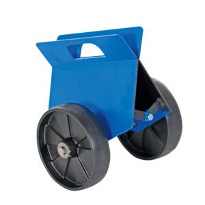 The blue heavy-duty trolley looks like the Vestil Adjustable Panel Dolly 1.5K Glass-Filled, showcasing a minimalist and industrial design with a sturdy glass-filled frame and two large black wheels, making it easy to transport items up to 1.5K.