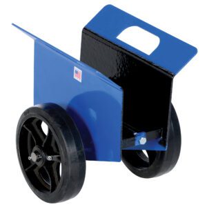The Vestil Adj Panel Dolly 1.2K Mold On Rubber features a blue and black metal build, supports up to 1.2K weight, and has two large mold-on rubber wheels. It includes a cut-out handle, an American flag sticker on one side, and open sides create a compartment for easy item transport.