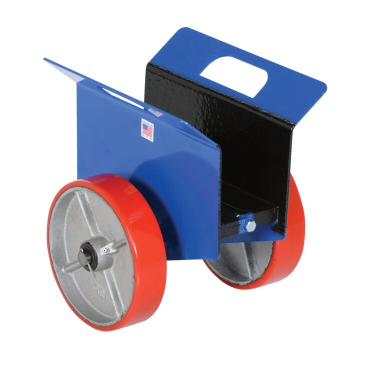 The Vestil Adjustable Panel Dolly 1.5K Poly/Steel is a blue and black industrial device with two large red-rimmed wheels and a handle, featuring a small American flag sticker on the side for a patriotic touch.