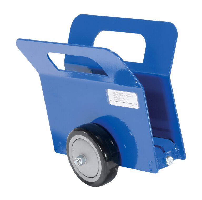 The blue metal Vestil Lightweight Door & Panel Dolly 350 Lb features a handle cutout, two black wheels, and a side label for easy identification. Its designed to transport large and heavy items efficiently.