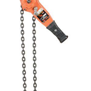 The Vestil Professional Lever Hoist 20 Ft Lift 1.5K includes an orange lever with a black handle, dual metal chains, and top/bottom orange hooks. It has a 1.5K weight capacity for heavy loads and features a reliable gear mechanism.