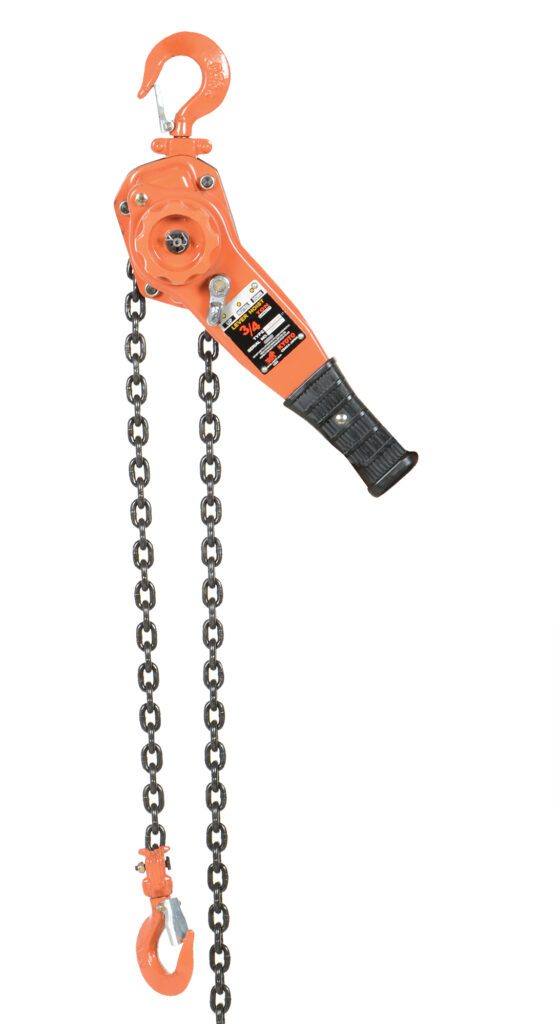 The Vestil Professional Lever Hoist 20 Ft Lift 1.5K includes an orange lever with a black handle, dual metal chains, and top/bottom orange hooks. It has a 1.5K weight capacity for heavy loads and features a reliable gear mechanism.