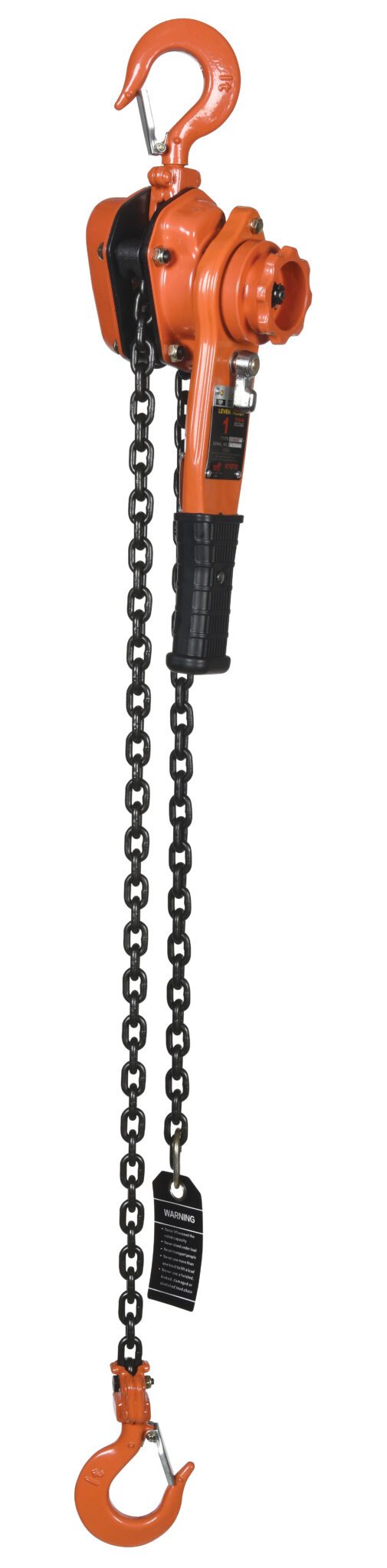 The Vestil Professional Lever Hoist 5 Ft Lift 2K has a bright orange design with hooks on both ends, a black chain, 5 ft lift capacity for up to 2K, and a comfortable grip black handle. An informative label is attached for convenience.