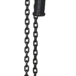 The Vestil Professional Lever Hoist 5 Ft Lift 2K has a bright orange design with hooks on both ends, a black chain, 5 ft lift capacity for up to 2K, and a comfortable grip black handle. An informative label is attached for convenience.
