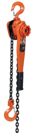 The Vestil Professional Lever Hoist 20 Ft Lift 3K has an orange manual chain, black handle and lever, heavy-duty upper hook, and a lower hook suspended load chain, perfect for lifting and rigging with a 20 ft lift range and 3K capacity.