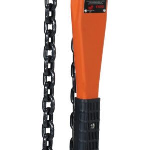The Vestil Professional Lever Hoist 20 Ft Lift 3K has an orange manual chain, black handle and lever, heavy-duty upper hook, and a lower hook suspended load chain, perfect for lifting and rigging with a 20 ft lift range and 3K capacity.