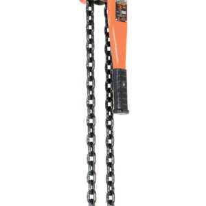 The Vestil Professional Lever Hoist 20 Ft Lift 6K, with an orange body and two long black chains, is ideal for heavy lifting. Its sturdy lever arm effortlessly manages up to 6,000 lbs against a white backdrop.