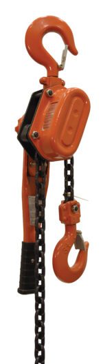 The bright orange Vestil Professional Lever Hoist 5 Ft Lift 6K has a manual chain with top and bottom hooks, a rectangular body with a curved cover, and a sleek black chain ideal for smoothly lifting heavy loads.
