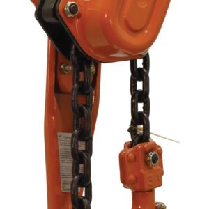 The bright orange Vestil Professional Lever Hoist 5 Ft Lift 6K has a manual chain with top and bottom hooks, a rectangular body with a curved cover, and a sleek black chain ideal for smoothly lifting heavy loads.