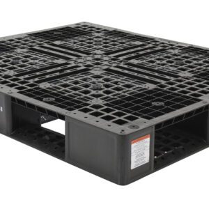 The Vestil Black Plastic Pallet 6600 Lb 48 x 40 has a grid-like surface and reinforced structure, perfect for forklifts. With a 6600 lb capacity, it features visible labels and markings on its sturdy design.