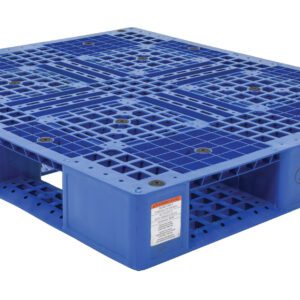 The Vestil Blue Plastic Pallet (47 3/8 x 39 3/8 inches) features a grid pattern, reinforced corners, open sides for forklift access, and circular surface cutouts, supporting up to 8000 lb.