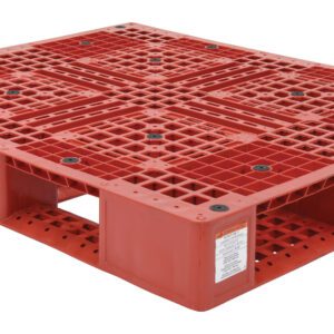 The Vestil Red Plastic Pallet, 48 x 40 inches, features a grid pattern with side and bottom openings, black circular top inserts, labeled sides, and supports up to 6600 lbs effortlessly.