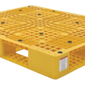 The Vestil Yellow Plastic Pallet 8000 Lb, 47 3/8 x 39 3/8, features a grid-like surface with circular holes for easy handling and reinforced sides. Its bright yellow color and visible brand markings improve durability and identification.