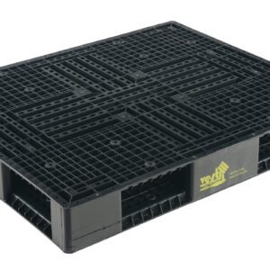 The Vestil Black Plastic Pallet 8800 Lb 47 X 40 has a grid surface, hollow rectangular spaces for support, and supports up to 8800 lbs. Its design with a yellow logo allows easy stacking and transportation.