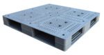 The Vestil Heavy-Duty Plastic Pallet 8.8K 48 X 48 has a blue perforated surface and grid structure, perfect for supporting and transporting goods in warehouses or shipping settings due to its solid build and multiple openings.