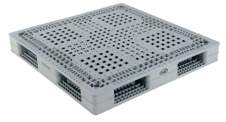 The Vestil Standard Plastic Pallet 6.6K 48 x 48 features a gray grid surface with rectangular cutouts for easy lifting and a two-tier interlocking design for stability during stacking.