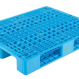 The Vestil Rackable Plastic Pallet 13200 Lb 48 X 40 features a blue grid-like top surface with open slots for easy handling and is designed for durability, offering a remarkable capacity of 13,200 lbs for efficient transportation and storage.