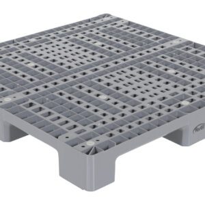 The Vestil Plastic Pallet 13000 Lb 47.5 X 47.5, featuring a gray grid surface and four sturdy legs, has evenly spaced holes and a robust frame ideal for efficiently supporting and transporting goods.