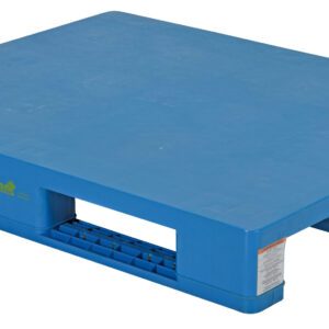 The Vestil Solid Top Rackable Plastic Pallet/Skid has a blue, flat top with open slots beneath for forklift use. Its rectangular shape and reinforced edges enhance durability, and theres a small label on one side.