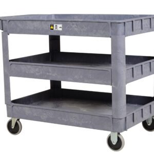 The Vestil Plastic Utility Cart, featuring three gray shelves (17.5 x 31 inches), includes a caution sign on the top shelf, raised edges, four wheels for smooth movement, and a convenient handle, all set against a crisp white backdrop.