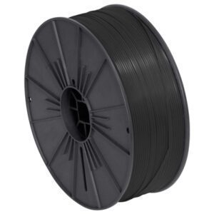 A glossy black 3D printer filament spool, akin to the MH-USA 5/32 x 7000 Twist Tie Spool, winds neatly on a plastic reel, subtly reflecting light with a hub and several spokes extending to the rim.