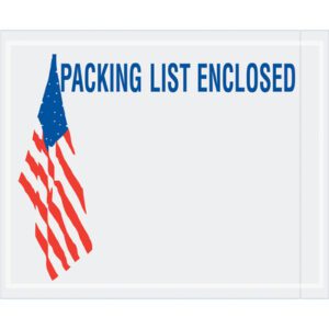 The MH-USA 4 1/2 x 5 1/2 envelopes, featuring PACKING LIST ENCLOSED in bold blue and a partially unfurled American flag illustration on the left, boast a clear section for documents and are ideal for organized shipping, available in cases of 1000.