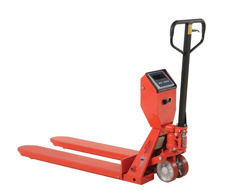 The Vestil Low Pro Pallet Truck-Scale 5K 22.38X48 is a red manual pallet jack with a scale, two long forks, a steering handle, and digital display. It has small front wheels and larger back wheels for easy maneuverability, making it ideal for efficient material handling.