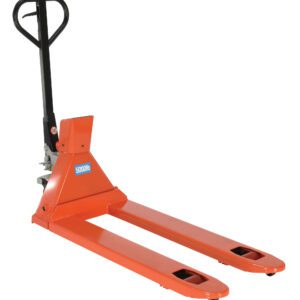 The Vestil Trade Legal Scale Pallet Truck 21 X 46, with its orange frame and black handle, is designed for moving heavy loads up to 5000 kg. Its long forks easily slide under pallets, making handling efficient.