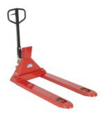 The Vestil Trade Legal Scale Pallet Truck 27 X 46 features a red design, black handle, and long flat forks for lifting and moving pallets. Its robust build makes it perfect for warehouse or industrial use.