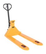 The Vestil Pallet Trk W/Scale Low Profile Economy 5000# 27X48 is a yellow manual pallet jack with a black handle, featuring two long forks for lifting and moving pallets, shown on a white background.