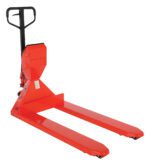 The Vestil Pallet Truck-Digital Scale 5K is a robust red pallet jack with a black handle and dual long forks, ideal for lifting pallets. Its sturdy build and compact wheels enable easy maneuverability, complemented by the digital scale for added functionality.