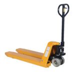 The Vestil Pallet Truck 10K Lb Cap 22.75X45.25 Yel features a yellow design with a black handle and wheels for efficient pallet lifting and transport in warehouses, utilizing forks and a hydraulic pump mechanism. It is presented against a white background.