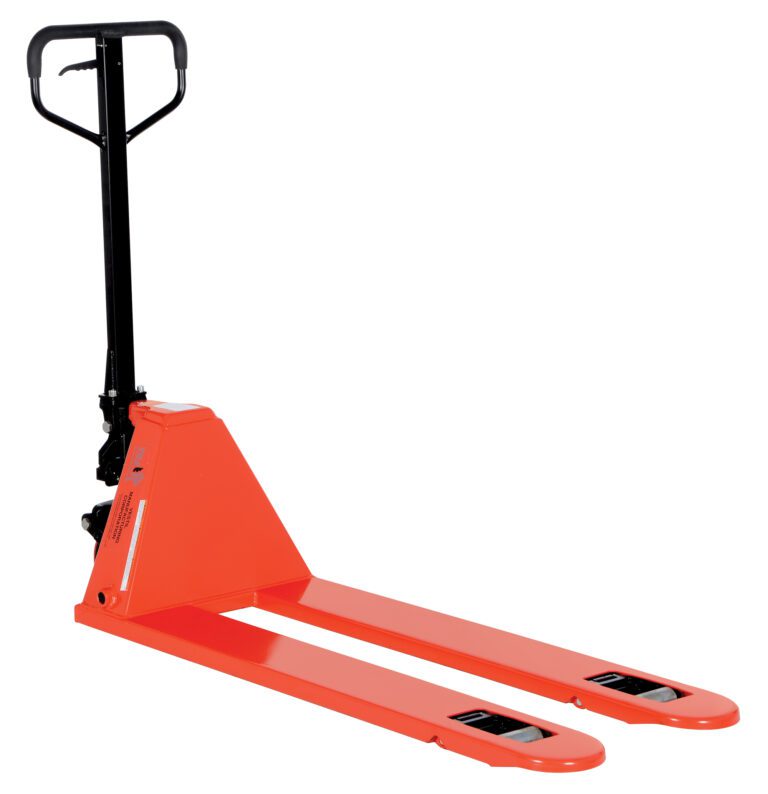 The Vestil Low Profile Pallet Master(6 Pkg) in vibrant orange, with a black handle and durable metal forks, excels at lifting and moving heavy pallets efficiently. Its robust design is highlighted against a clean white backdrop.