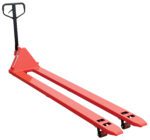 The red manual pallet jack, similar to the Vestil Low Profile Pallet Truck 4K 20.625 X 96, features a black handle and long forks with small wheels at the ends, allowing easy movement of pallets in warehouses or storage facilities.