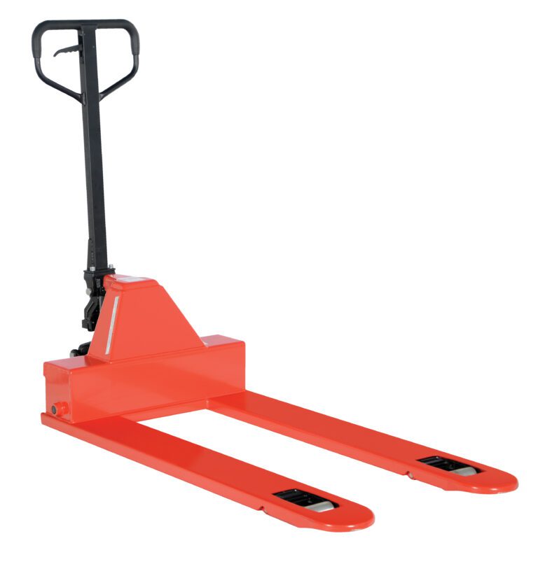 The image displays a Vestil Low Profile Pallet Truck (6 Pack) with a red manual pallet jack and sleek black handle. Two long forks contrast the white background, highlighting its efficiency and strength for lifting and moving tasks.