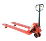 The red Vestil Full Featured Pallet Truck 4.4K 27 X 72 is shown on a white background, featuring a black handle and two long forks with rear wheels for improved maneuverability.