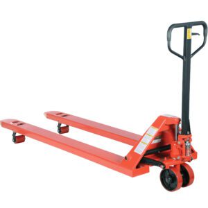 The red Vestil Full Featured Pallet Truck 4.4K 27 X 72 is shown on a white background, featuring a black handle and two long forks with rear wheels for improved maneuverability.