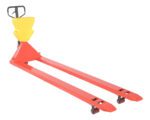 The Vestil Red Pallet Truck 4K, with a 27 x 96 profile, features a vibrant red design and a yellow P-Caddy cover on the pump handle. It includes long forks with small wheels for maneuvering pallets and an upright handle for easy handling.