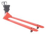 The Vestil Red Pallet Truck 4K 27 X 96 with a sleek black handle and long forks is ideal for larger loads. It features a Black P-Caddy and front-end wheels for easy mobility.