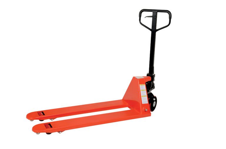 The Vestil 6 Pack-Pallet Trucks 5.5K 20 X 48 manual pallet jack, with a black handle and two long forks, offers efficient lifting and moving in warehouses. It has a capacity of 5.5K and measures 20 x 48 inches, featuring sturdy wheels for smooth operation in storage areas.