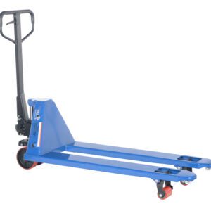 The Vestil Quick Lift Pallet Truck 5500 Lb (20 x 48) features blue design, black handle, and red wheels, effortlessly lifting up to 5500 lbs. Its dimensions and long forks with a lever ensure smooth pallet maneuvering in warehouses or stores.