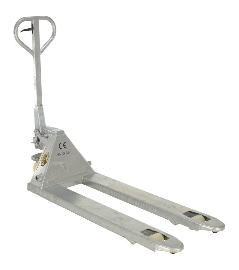 The Vestil Galvanized Steel Pallet Truck 20 X 48 is silver, manually operated, and features a long handle with two forks. Its robust design includes wheels at fork tips for smooth movement and it carries a CE mark for quality assurance.