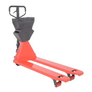 The Vestil Red Pallet Truck 5.5K 20.6X48 Black P-Caddy offers black handle and control panel with P-Caddy, long forks, and small wheels for efficient pallet handling in warehouses or storage, supporting up to 5.5K with dimensions of 20.6x48 inches.