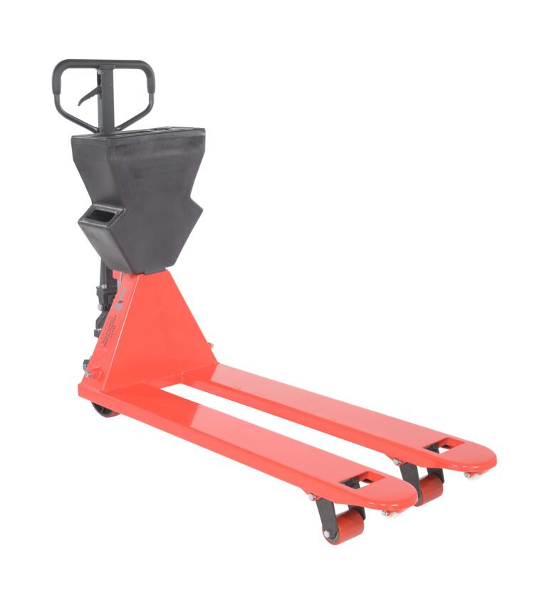 The Vestil Red Pallet Truck 5.5K 20.6X48 Black P-Caddy offers black handle and control panel with P-Caddy, long forks, and small wheels for efficient pallet handling in warehouses or storage, supporting up to 5.5K with dimensions of 20.6x48 inches.