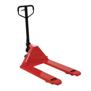 A Vestil Full Featured Pallet Truck 27 x 36 is displayed on a white background, featuring a red frame with a black handle and flat forks, which are ideal for efficiently lifting and moving pallets in warehouses or storage facilities.