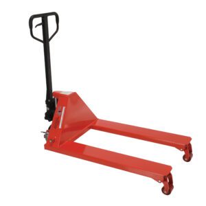 The Vestil Pallet Truck 27X38 features a red frame, black handle, and long metal forks. Small wheels at the tips and base ensure smooth maneuverability, ideal for lifting and moving pallets in warehouses or storage areas.