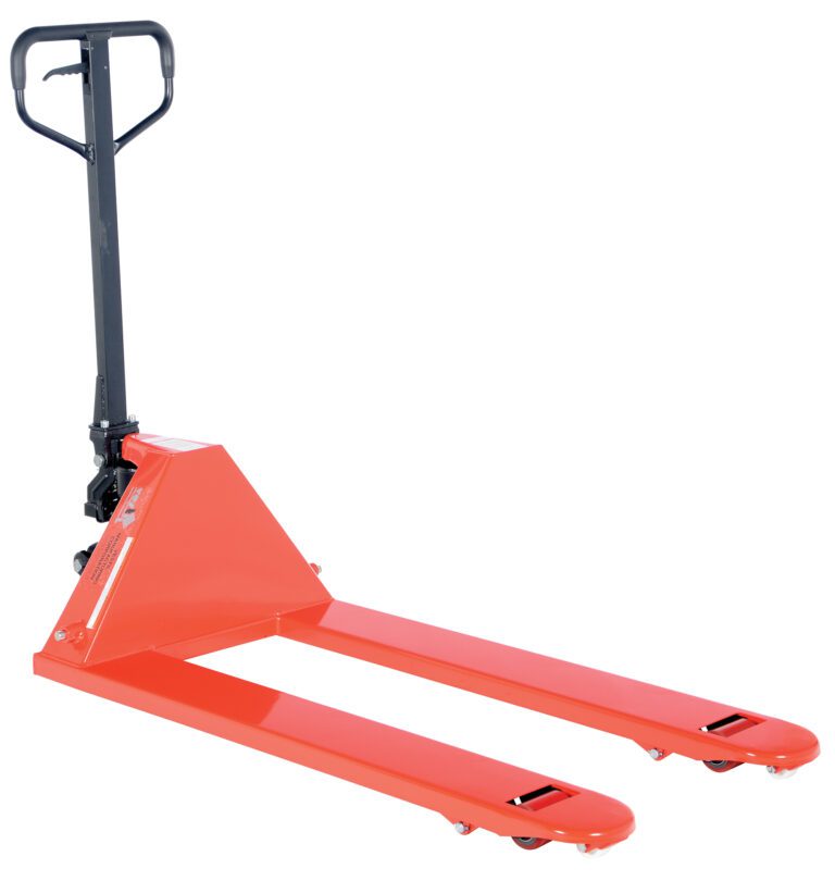 The Vestil 6 Pack-Pallet Trucks 5.5K features a black handle and two fork-like prongs with wheels, designed for efficiently lifting and moving pallets.