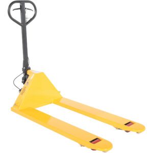 The Vestil Pallet Truck features a vibrant yellow frame, a robust black handle, parallel forks, and small red wheels, making it ideal for efficiently lifting and moving pallets in warehouses or industrial settings.