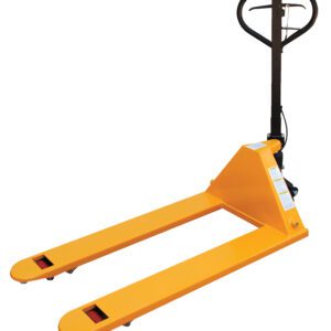 The Vestil Pallet Truck W/Brake 5.5K 27X48 is a yellow pallet jack with a black handle and wheels, designed to lift and move pallets efficiently. It features two forks and a pump lever at the handle for smooth maneuvering.